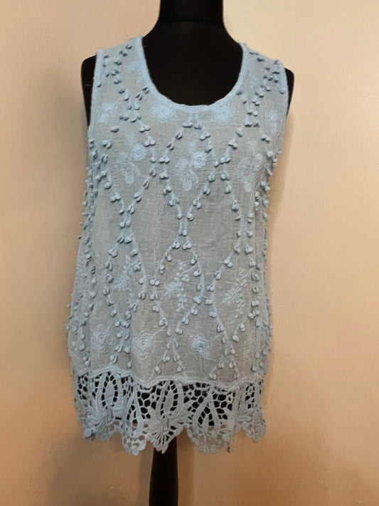 COTTON POM POM VEST TOP PALE BLUE