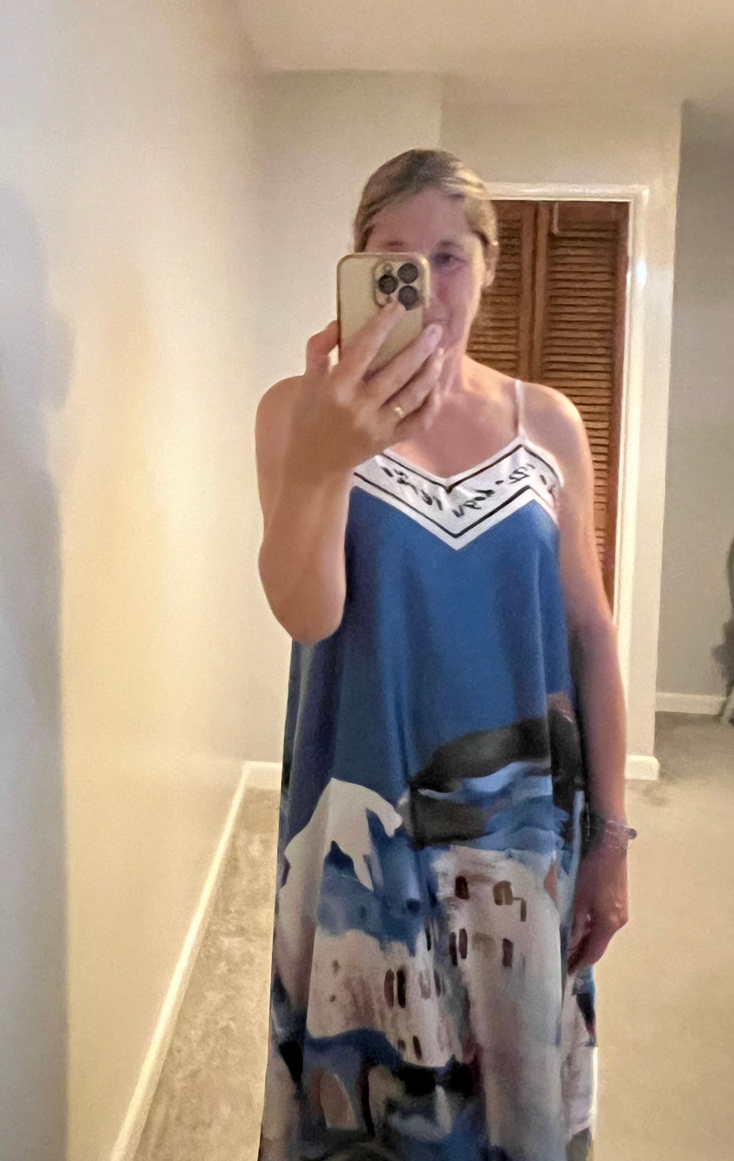 LANDSCAPE PRINT SATIN CAMI DRESS BLUE