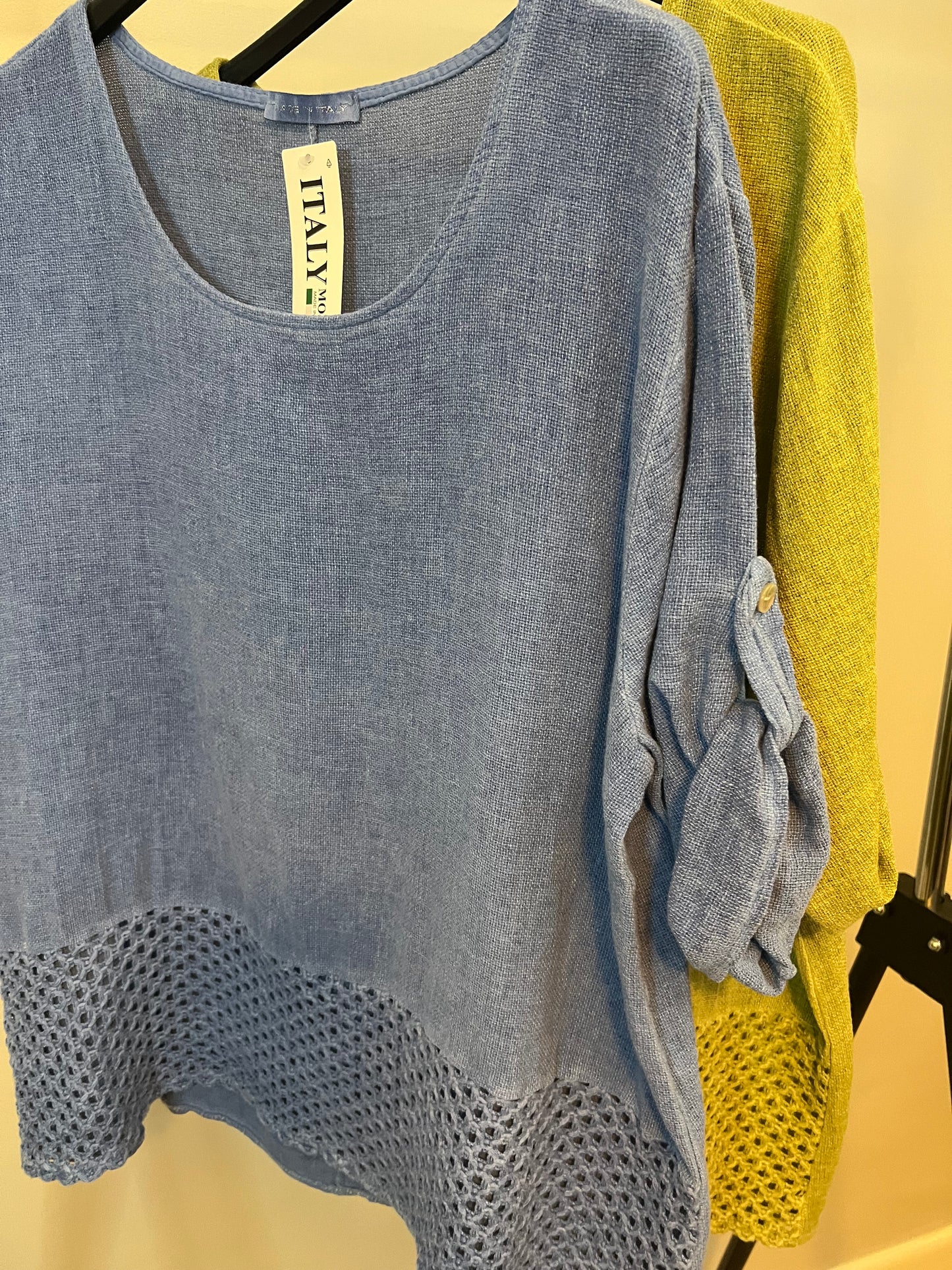 WASHED LINEN CROCHET HEM TOP LIME