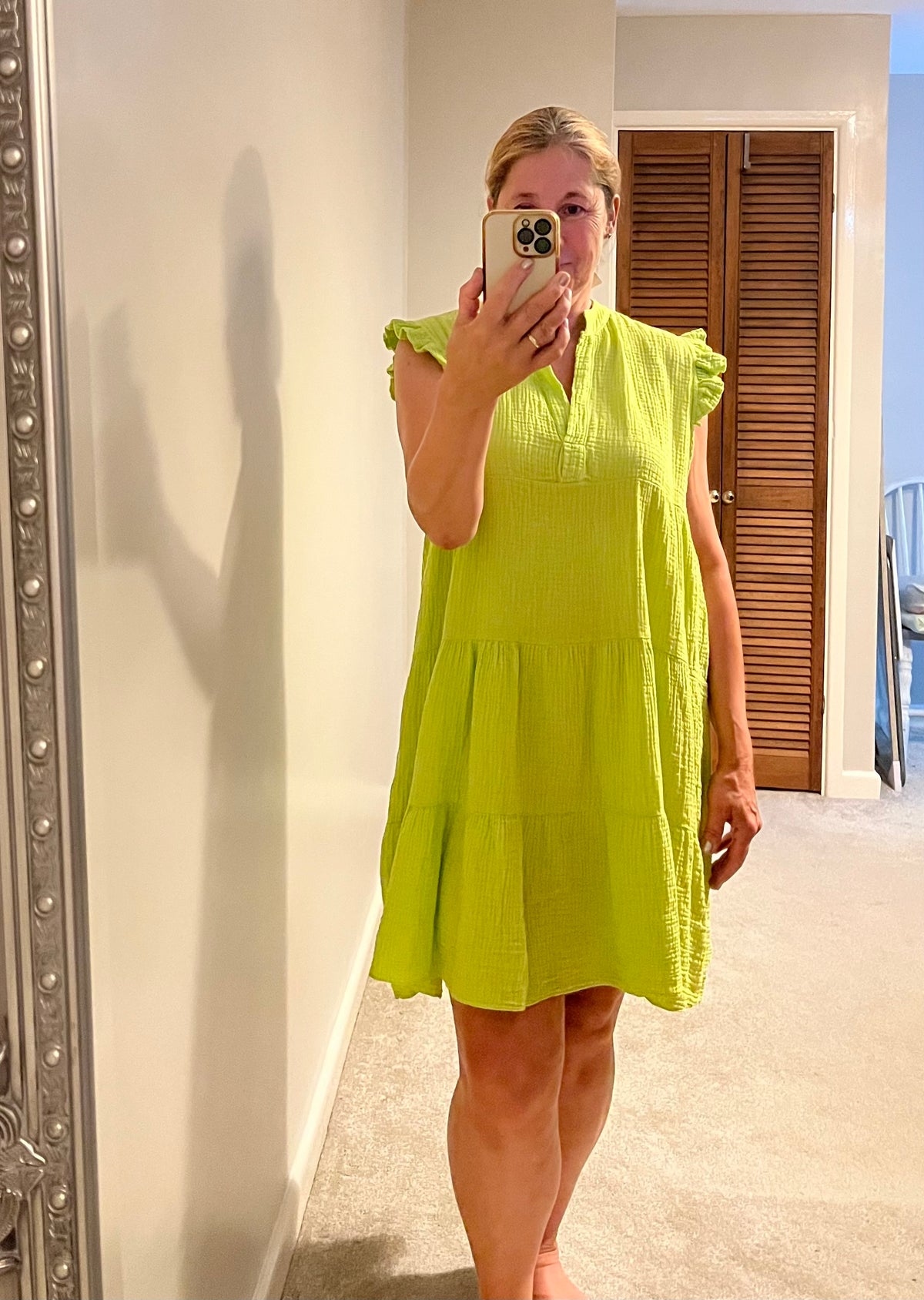 CHEESECLOTH FRILL SLEEVE DRESS CORAL/LIME