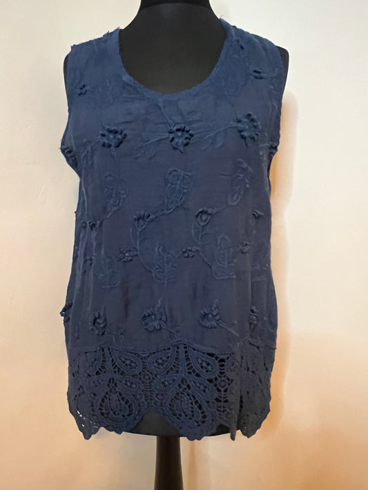 COTTON FLORAL CROCHET HEM VEST TOP NAVY
