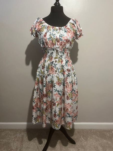 FLORAL PRINT MIDI DRESS WHITE