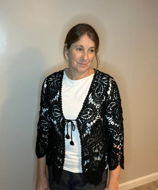 CROCHET TIE CARDI BLACK