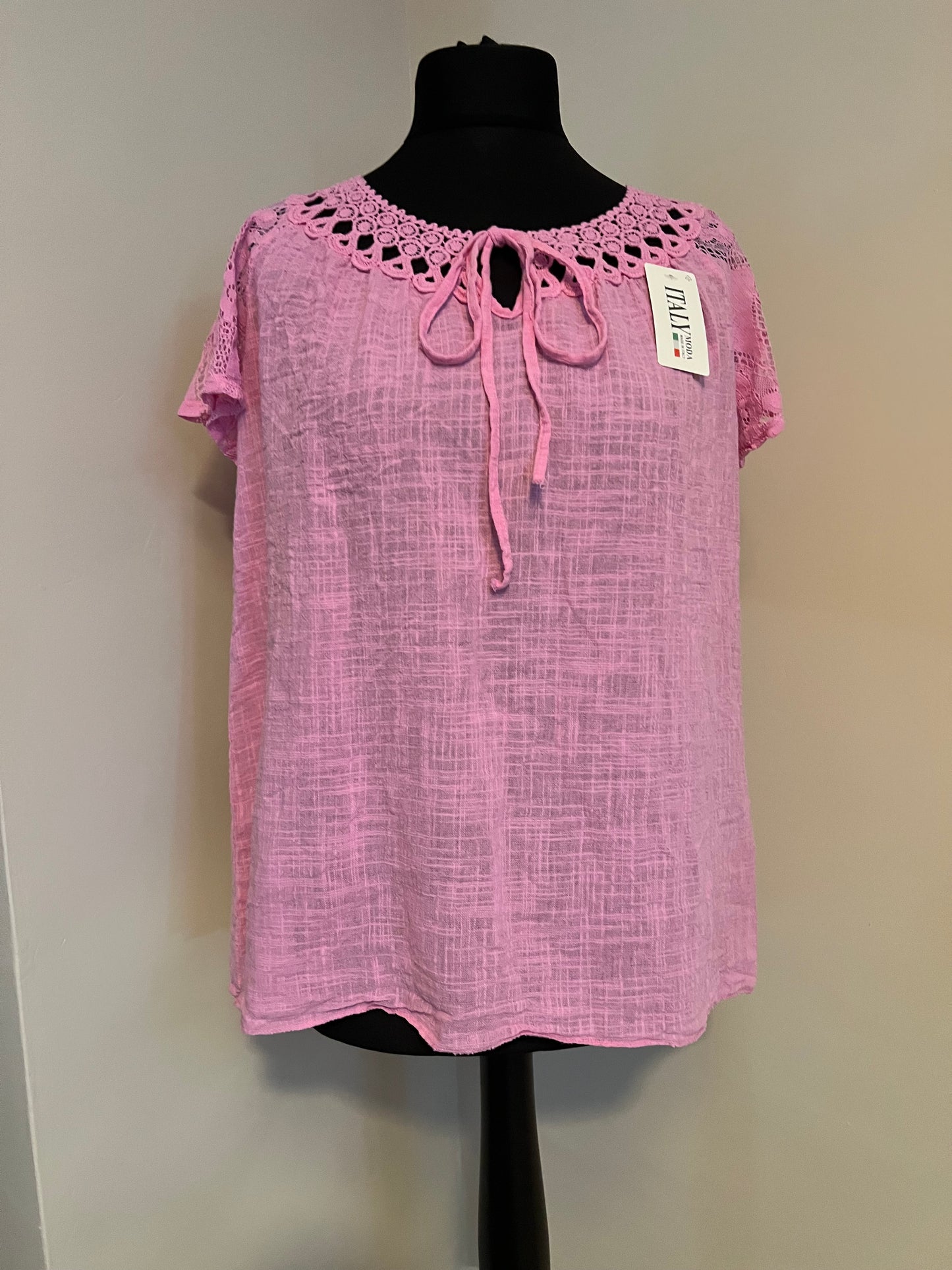 LACE SHORT SLEEVE COTTON TOP PINK