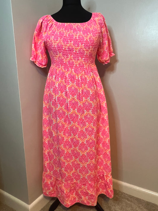 PALM LEAF SHIRRED DRESS VARIOUS COLOURS