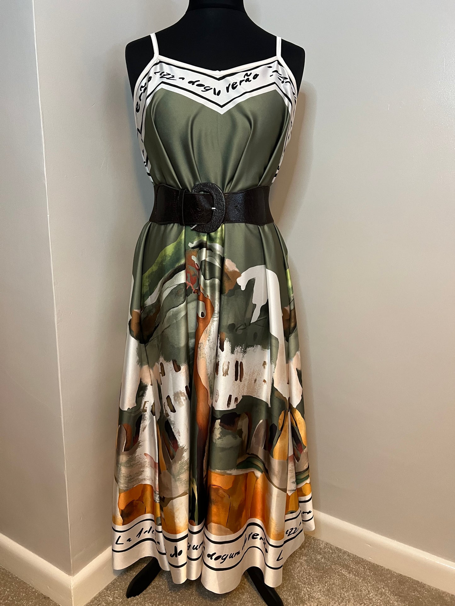 LANDSCAPE PRINT SATIN CAMI DRESS KHAKI