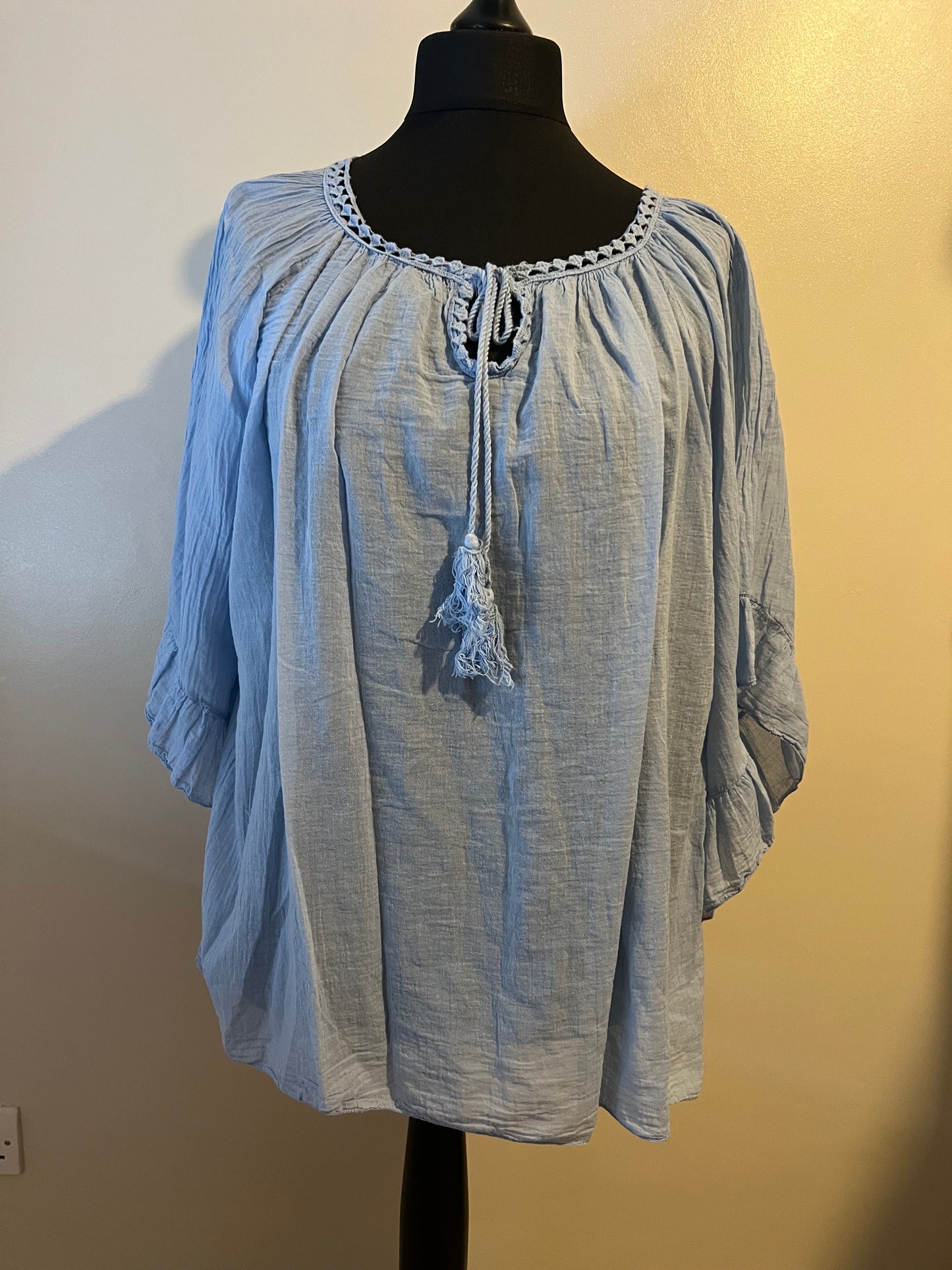 BOHO COTTON GYPSY TOP PALE BLUE