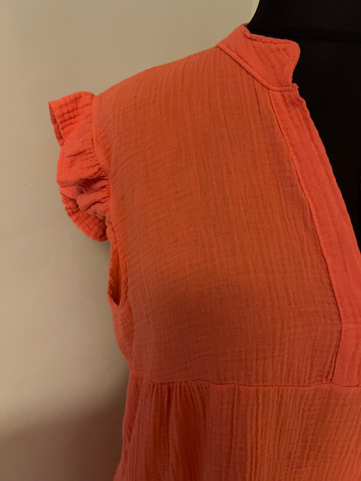CHEESECLOTH FRILL SLEEVE DRESS CORAL/LIME