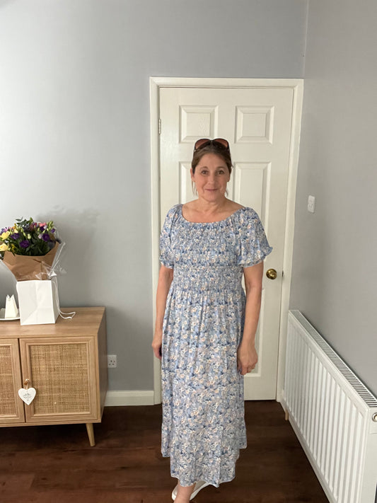 DITSY FLORAL SHIRRED DRESS PALE BLUE