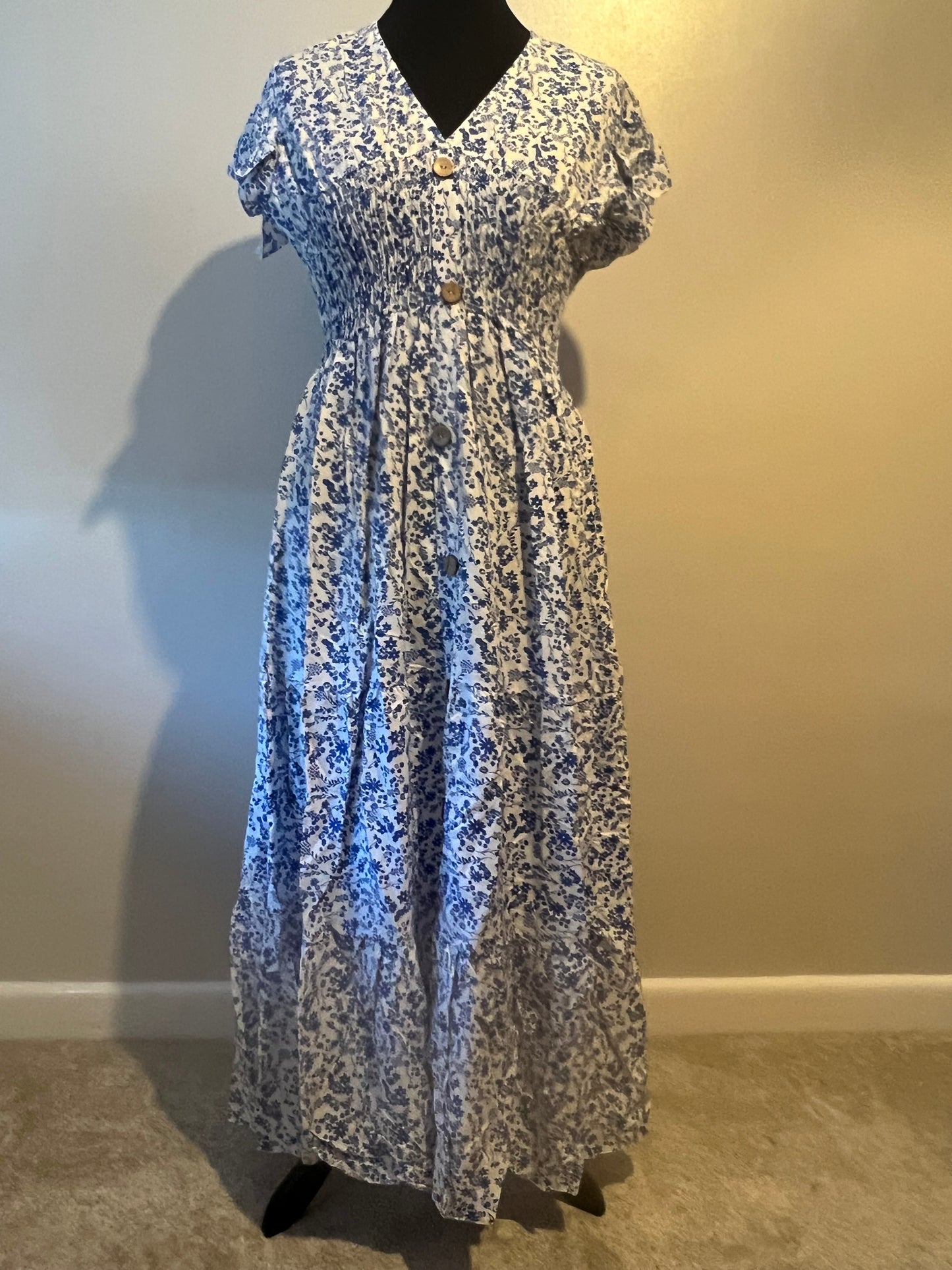 DITSY PRINT MAXI DRESS WHITE/ROYAL BLUE