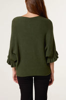 RUFFLE SLEEVE KNIT KHAKI