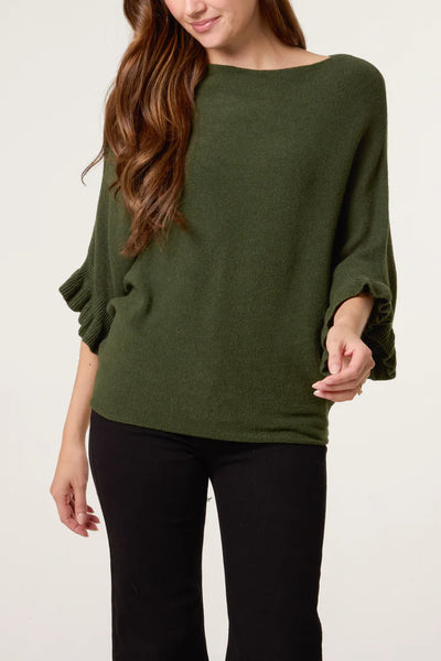 RUFFLE SLEEVE KNIT KHAKI