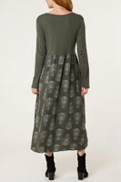 RIBBED LONG SLEEVE MANDALA DRESS KHAKI