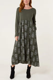 RIBBED LONG SLEEVE MANDALA DRESS KHAKI
