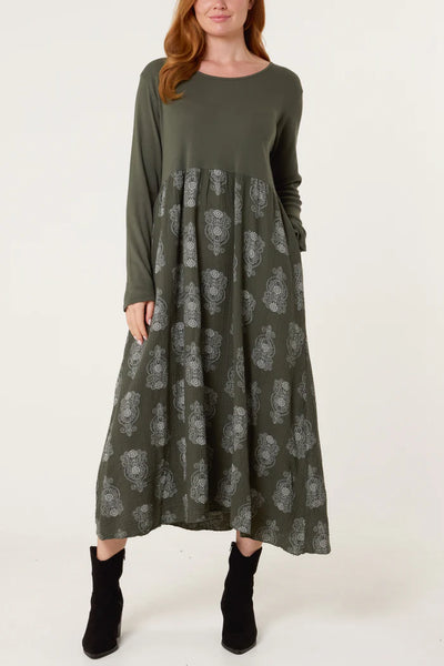 RIBBED LONG SLEEVE MANDALA DRESS KHAKI