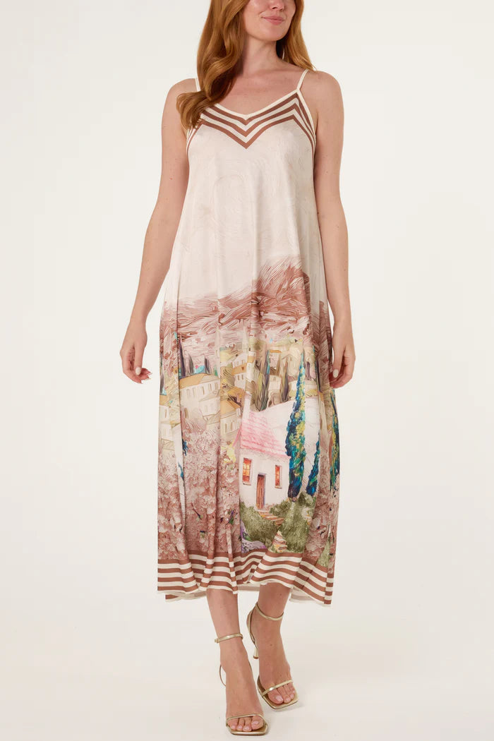 LANDSCAPE PRINT SATIN CAMI DRESS STONE