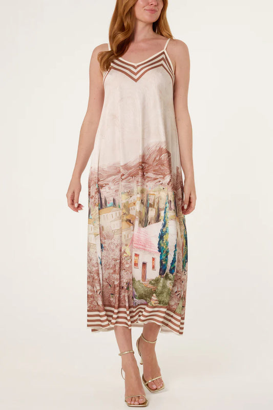 LANDSCAPE PRINT SATIN CAMI DRESS STONE