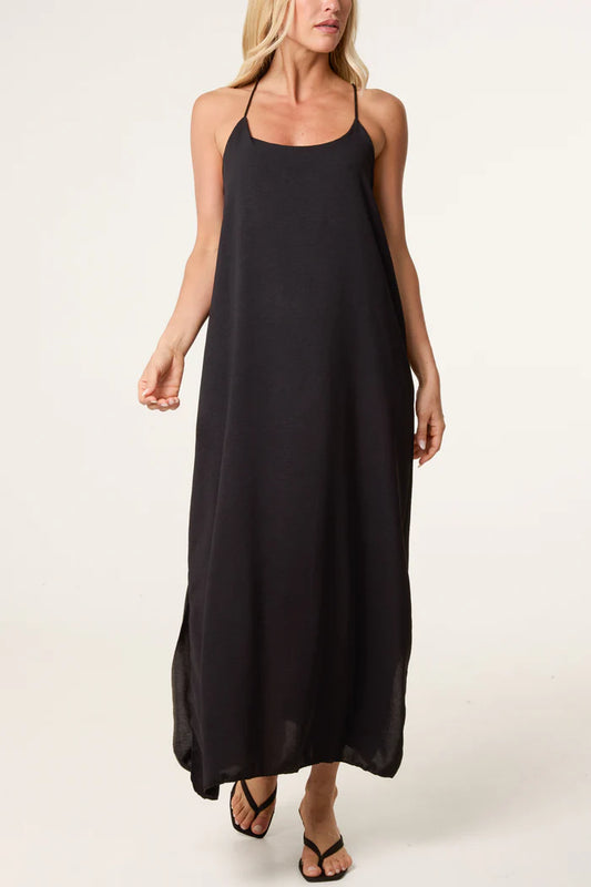 CROSS BACK CAMI STRAP MIDAXI DRESS  BLACK