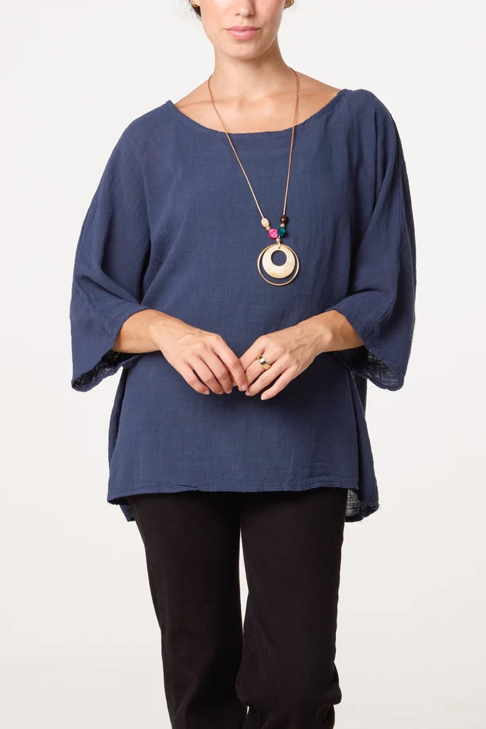 COTTON NECKLACE TOP NAVY/ KHAKI/ WINE