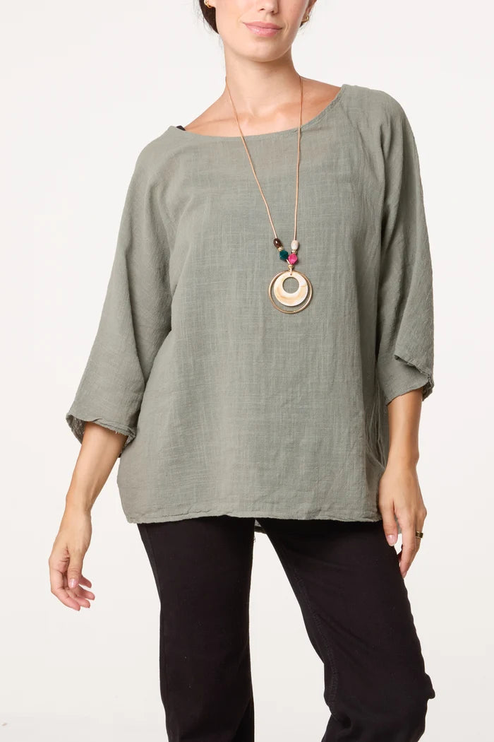 COTTON NECKLACE TOP NAVY/ KHAKI/ WINE