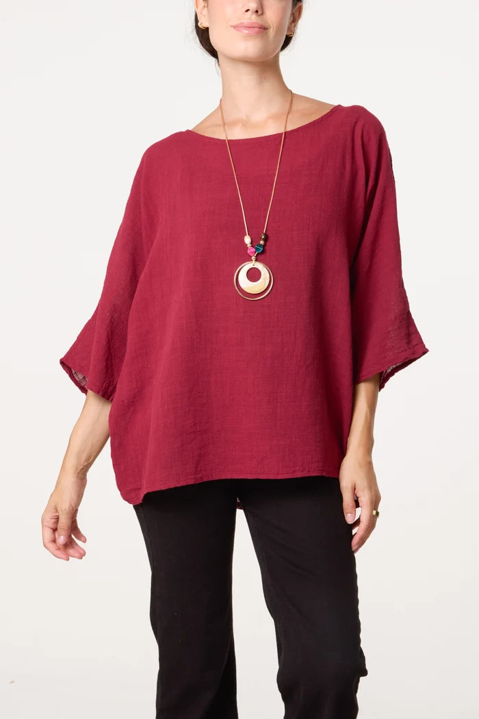 COTTON NECKLACE TOP NAVY/ KHAKI/ WINE