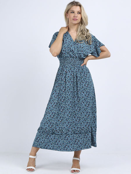 DITSY PRINT BOHO MAXI DRESS IN TEAL