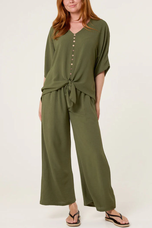 BUTTON TIE TOP AND TROUSERS CO-ORD KHAKI