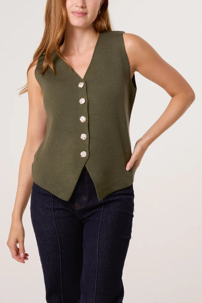 GOLD FLOWER BUTTON WAISTCOAT KHAKI