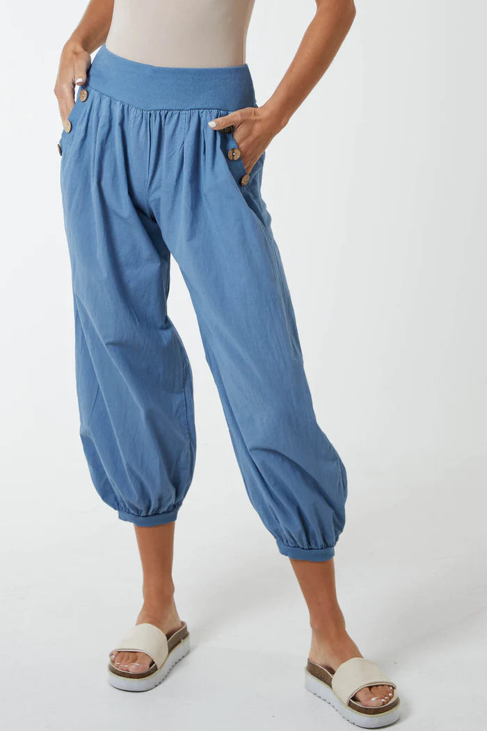 BUTTON HAREM PANTS IN DENIM BLUE