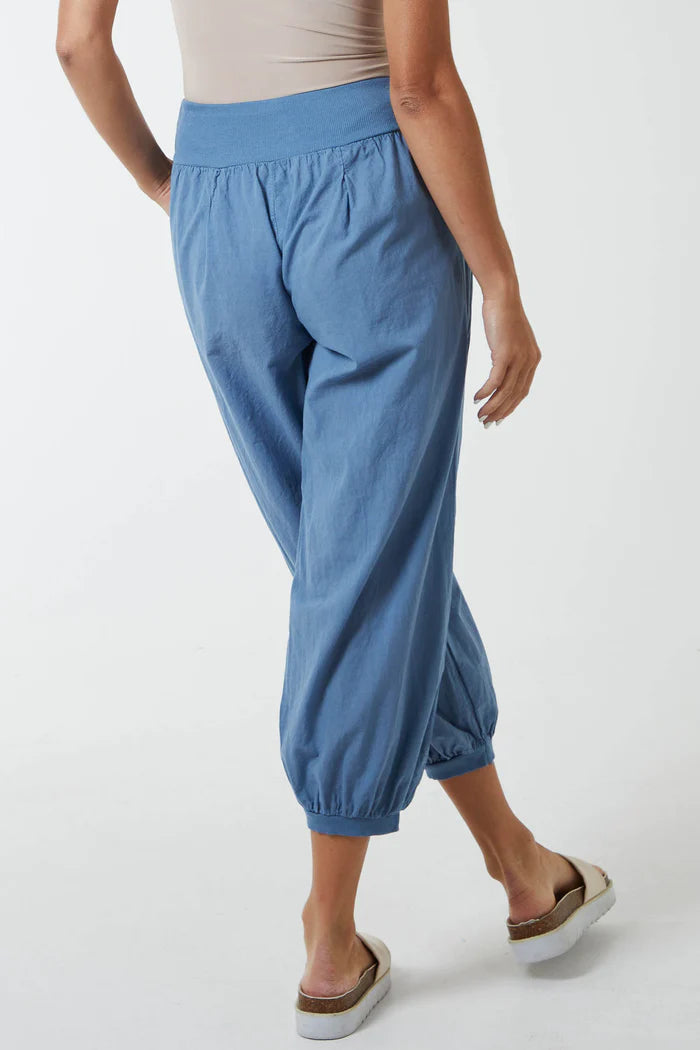 BUTTON HAREM PANTS IN DENIM BLUE