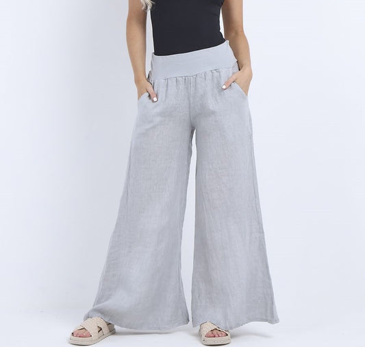 WIDE LEG LINEN TROUSERS IN LIGHT GREY